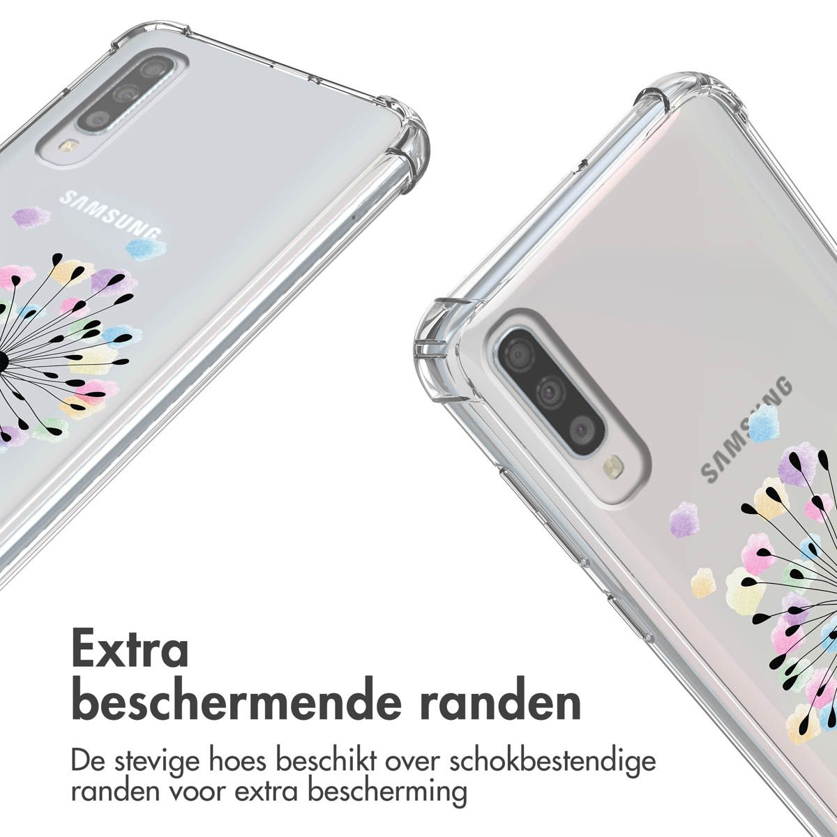 Deux coques de téléphone transparentes avec motifs floraux. Le logo Samsung est visible. Le texte dit 'Extra beschermende randen'.