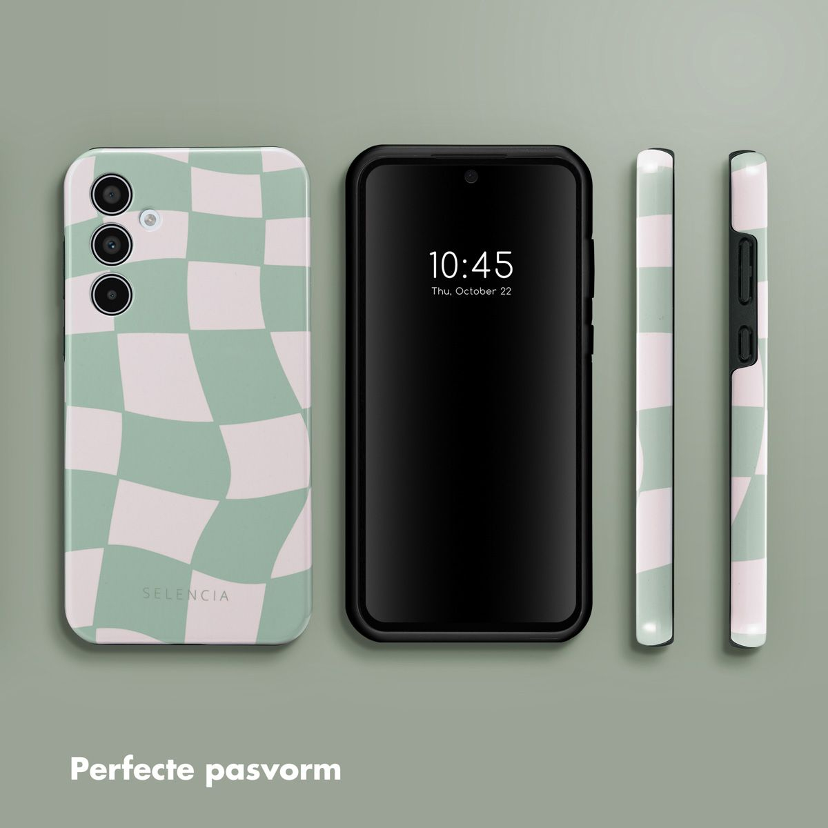 Un téléphone et des étuis. Le téléphone est noir et affiche l'heure. Les étuis ont un motif à carreaux verts et blancs.
