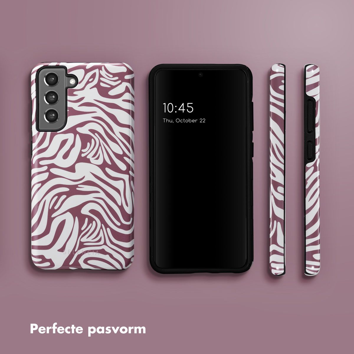 Un telefono e custodie con motivo zebrato su sfondo viola. Il telefono mostra l'ora 10:45 sullo schermo.