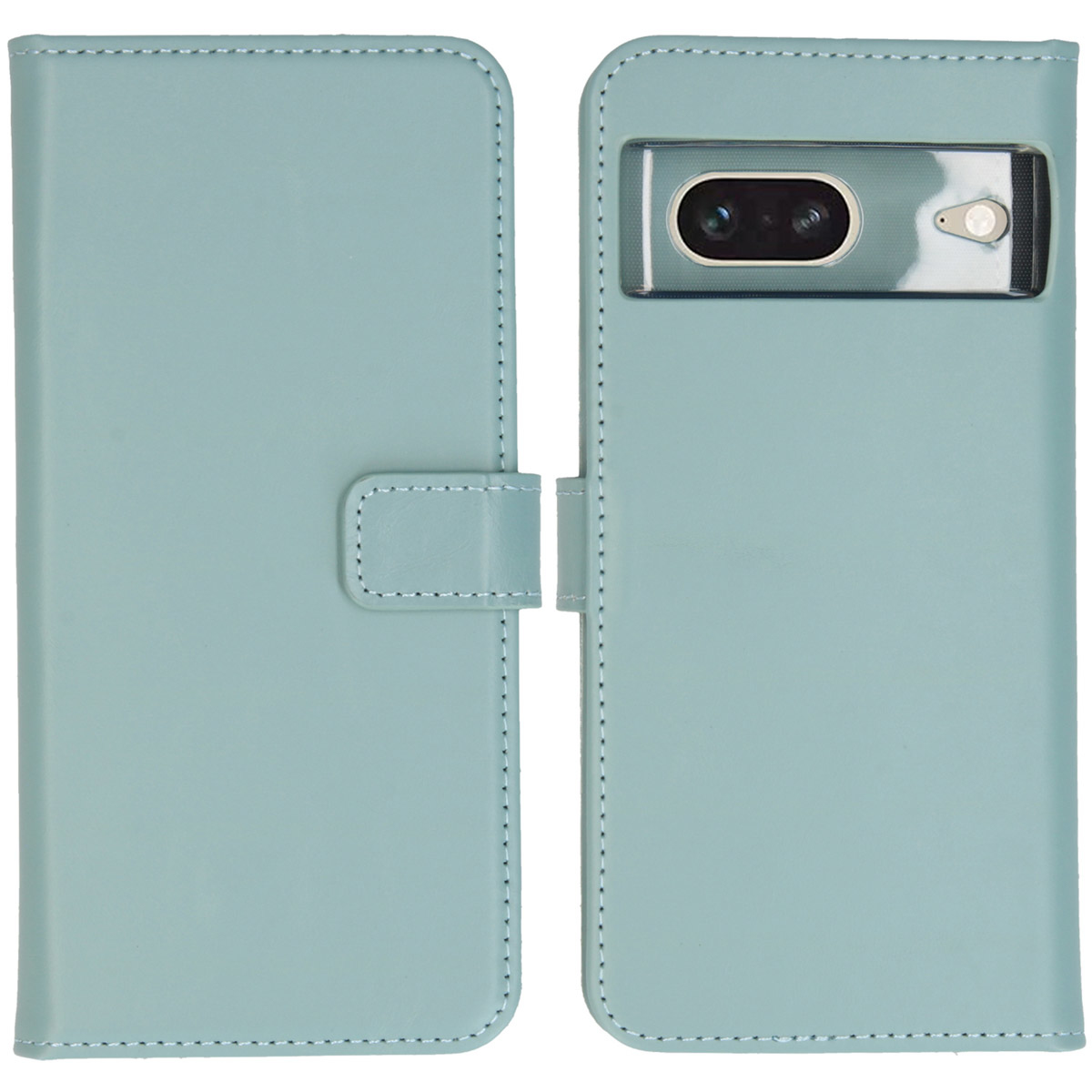 Étui de téléphone bleu clair, ouvert. Le côté gauche a une fermeture à bouton. Le côté droit montre un téléphone avec des objectifs d'appareil photo.