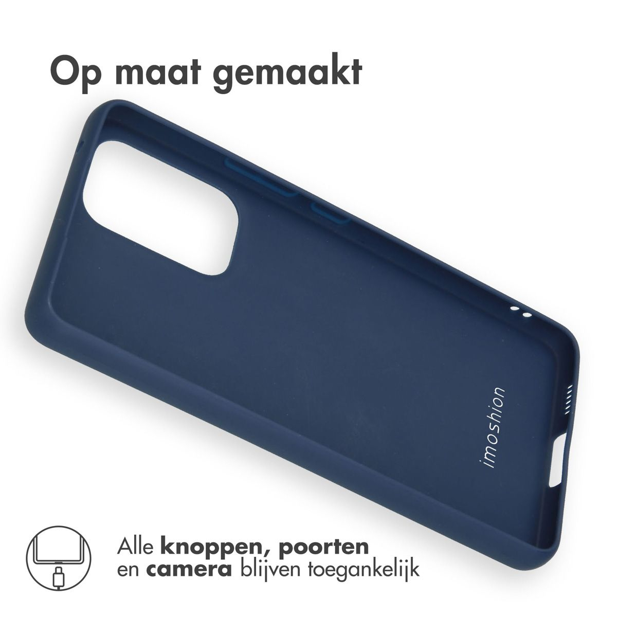 Een donkerblauwe telefoonhoes op een witte achtergrond. Tekst luidt 'Op maat gemaakt'. 'Imoshion' logo is zichtbaar.
