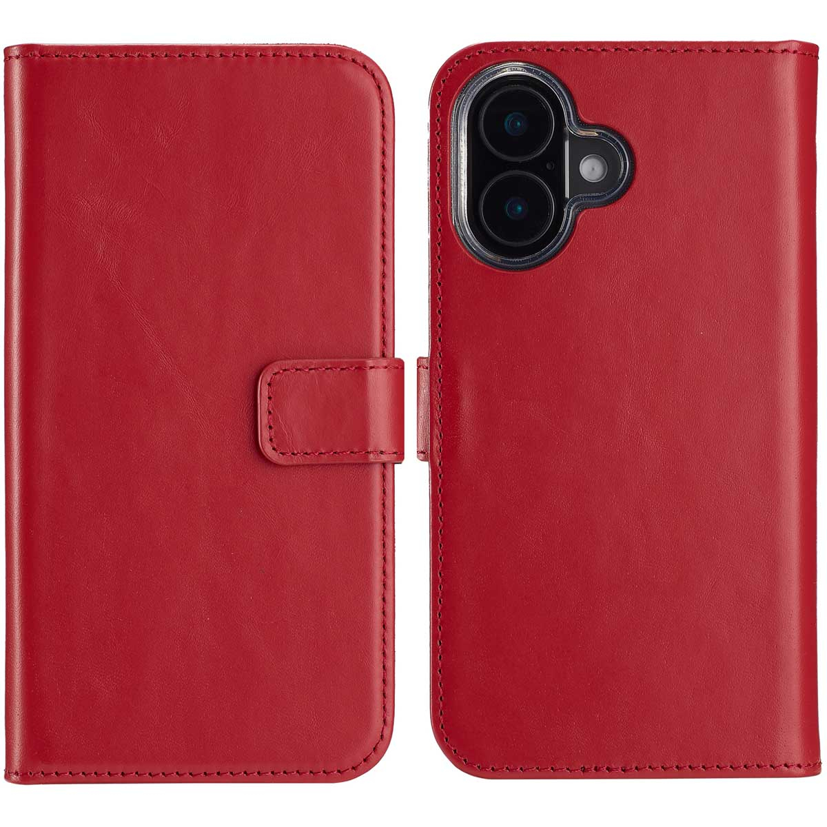 Een rode leren telefoonhoes, geopend om de telefoonhouder te onthullen. De hoes heeft een magnetische sluiting en een uitsparing voor de camera.