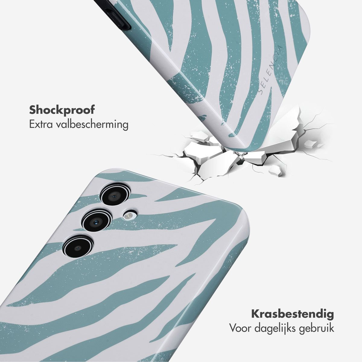 Coques de téléphone, une tombant, montrant un motif zébré et brisant la surface. Textes: 'Shockproof' et 'Krasbestendig'.