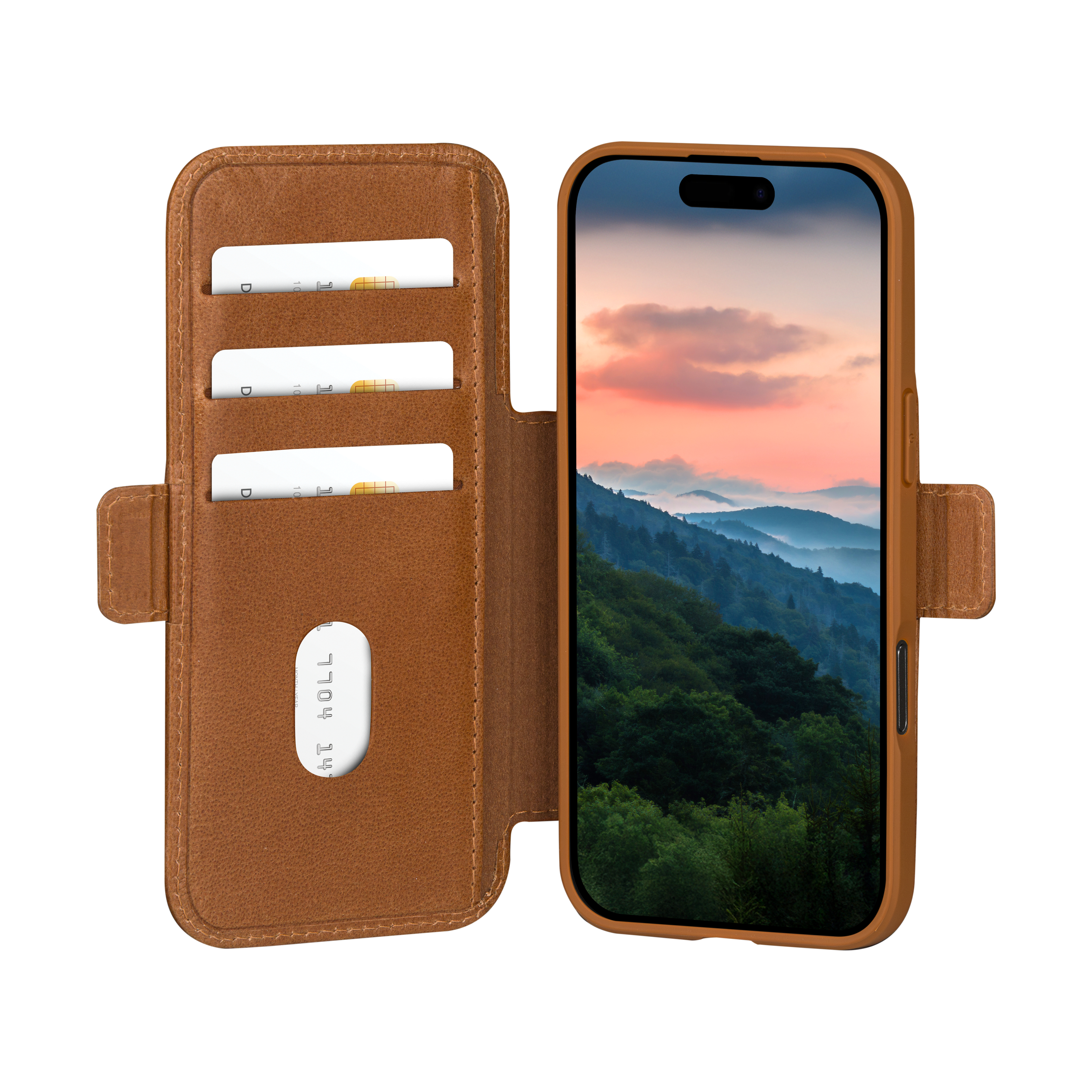 Custodia per telefono in pelle marrone con fessure per carte, che tiene un telefono che mostra un paesaggio montano.