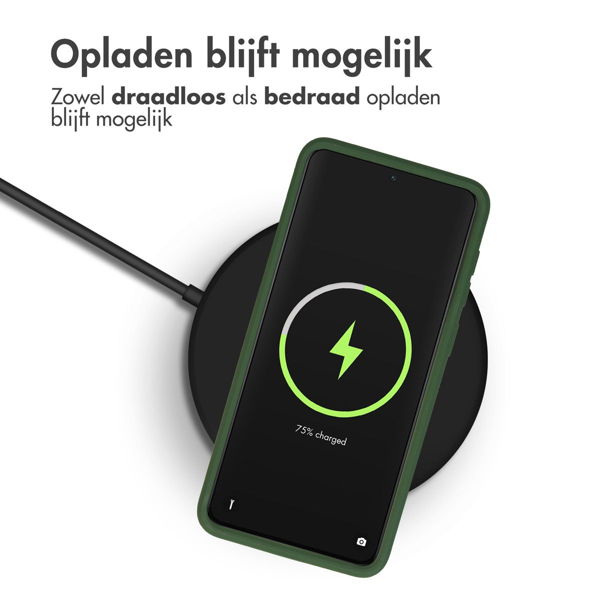 Un téléphone se chargeant sans fil. L'écran affiche un symbole de chargement. En haut : Opladen blijft mogelijk. En bas : 75% chargé.