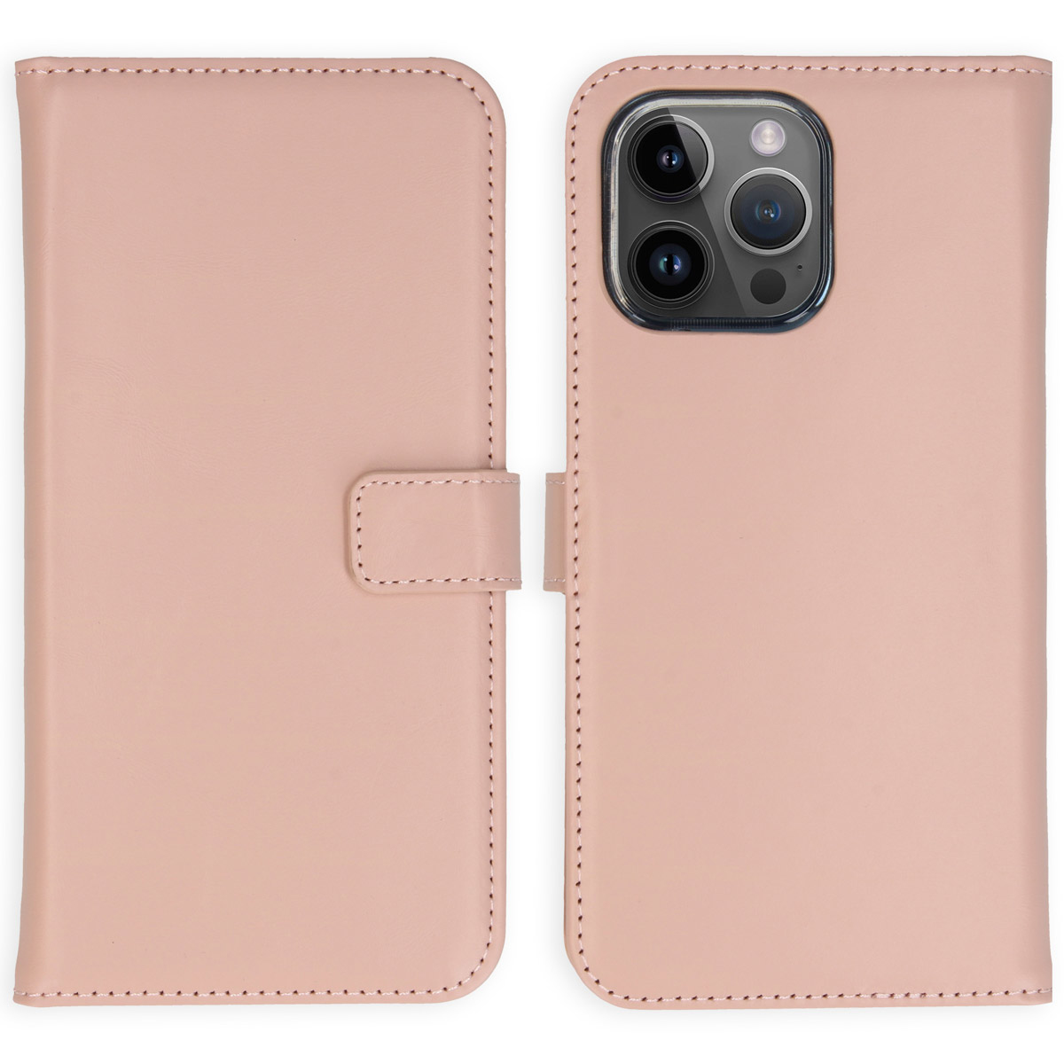 Un étui de téléphone en cuir rose, ouvert. Le côté gauche a un fermoir. Le côté droit montre des caméras de téléphone.