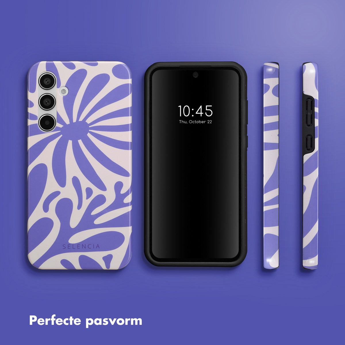 Een telefoon en drie hoesjes. Hoesjes hebben een wit en paars bloemenontwerp. Telefoon geeft 10:45 aan, donderdag 22 oktober.