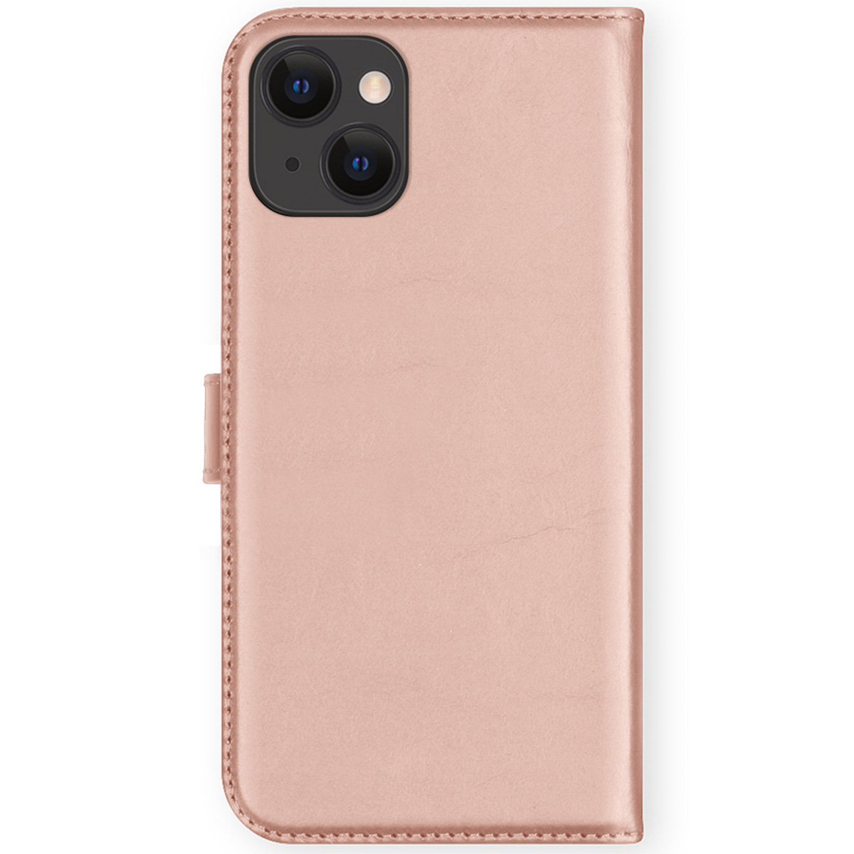Roze telefoonhoesje met twee cameralenzen, gesloten met een magnetische sluiting, op een witte achtergrond.