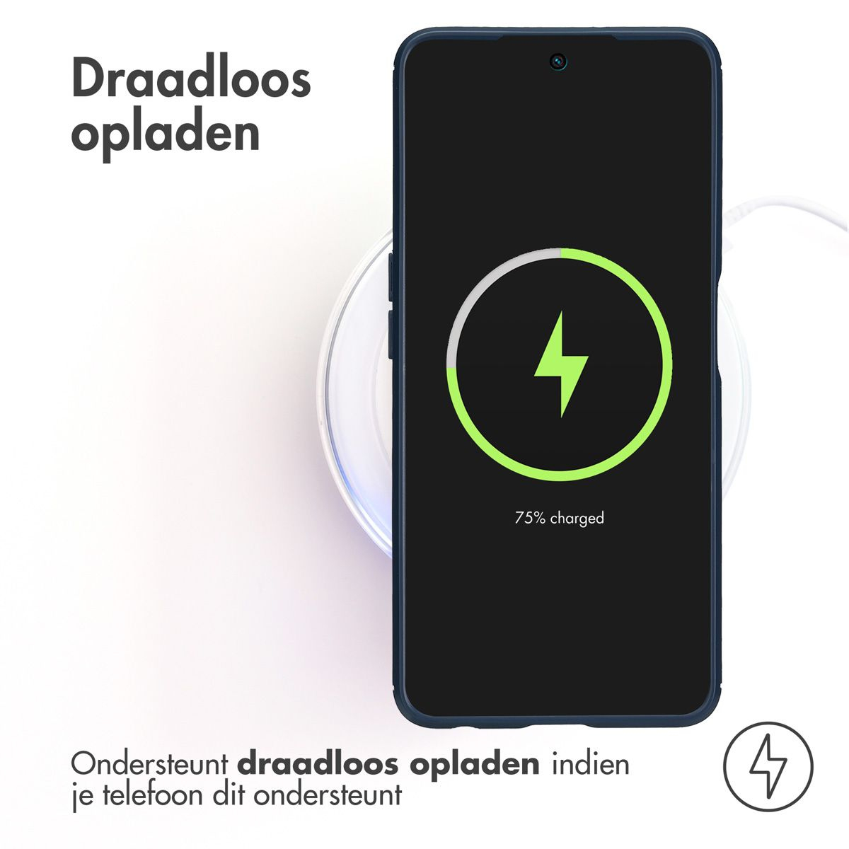 Un telefono si sta caricando in modalità wireless. Lo schermo mostra il 75% di carica. Il testo olandese dice che la ricarica wireless è supportata.