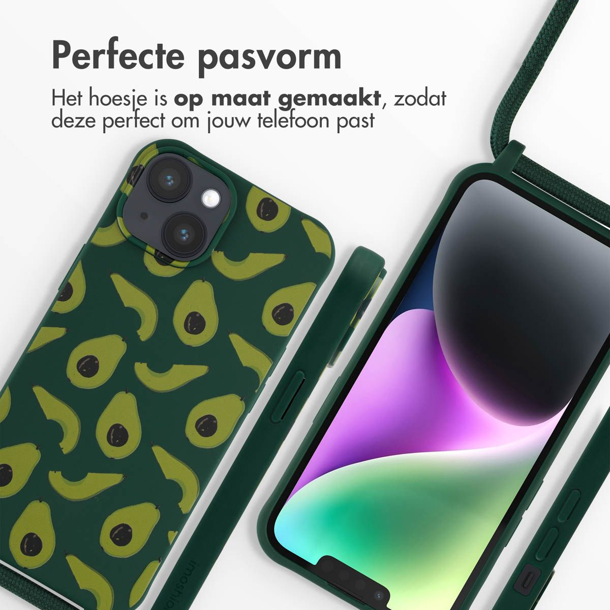 Zwei Handyhüllen, eine mit Avocadomuster und eine mit einem Telefon. Grüne Hüllen mit einem Lanyard. Text: Perfekte Passform.