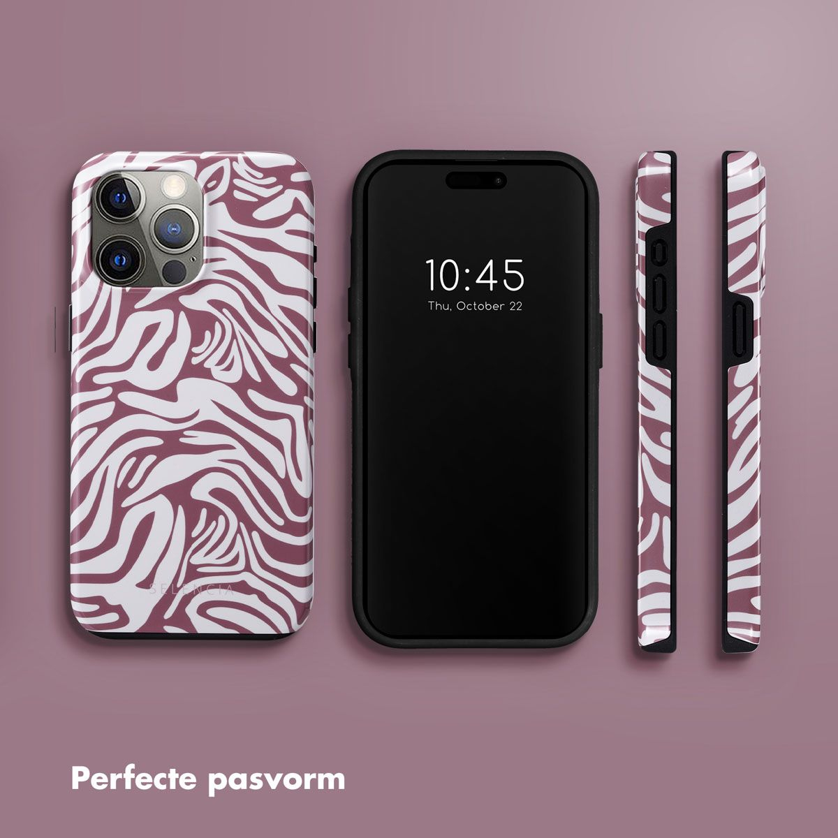 Een telefoon en een hoesje met een zebra-achtig patroon. De telefoon toont 10:45 uur op 22 oktober. De achtergrond is paars.