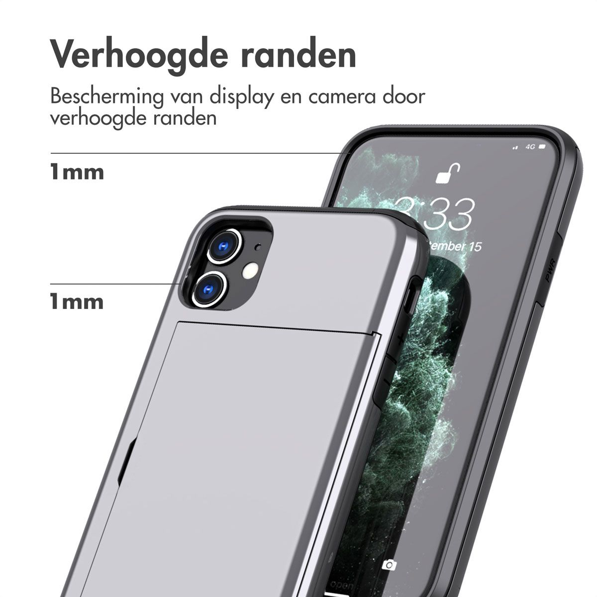 Een telefoon in een grijze hoes met verhoogde randen. Het scherm toont de tijd en de hoes heeft kaartsleuven.