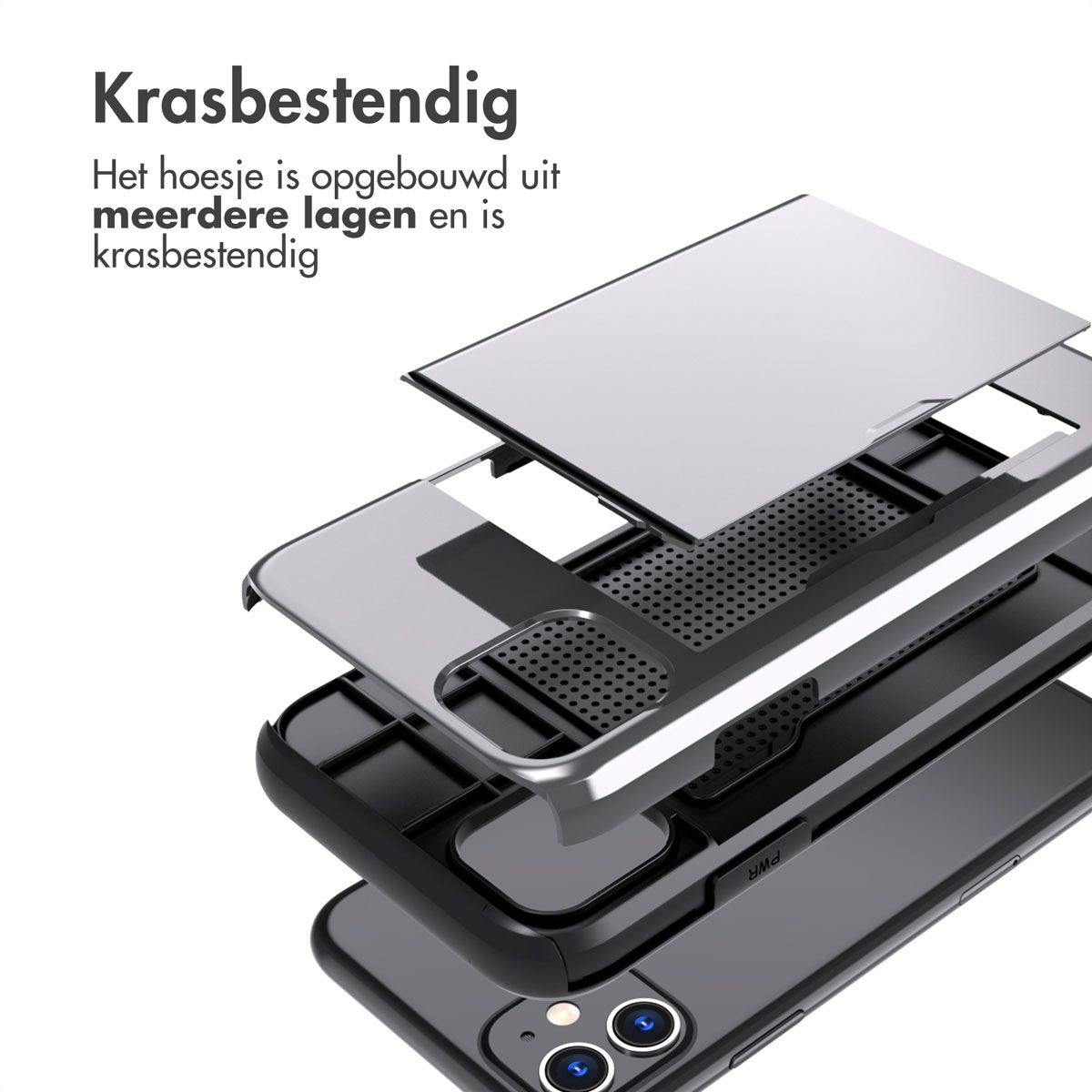 Ontplofte weergave van een telefoonhoesje. Meerdere lagen zichtbaar: zilver, zwart en een geperforeerde laag. Camera en knoppen.
