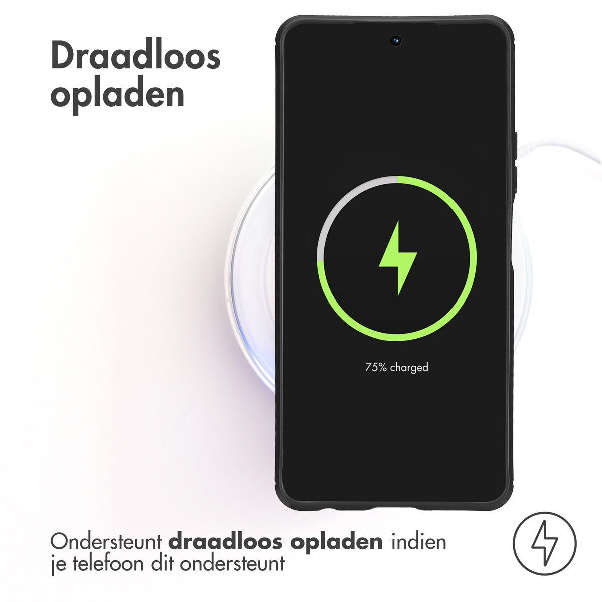 Un téléphone se recharge sans fil sur un socle. Le téléphone affiche 75% de charge. Le texte dit 'Charge sans fil' et autre texte néerlandais.