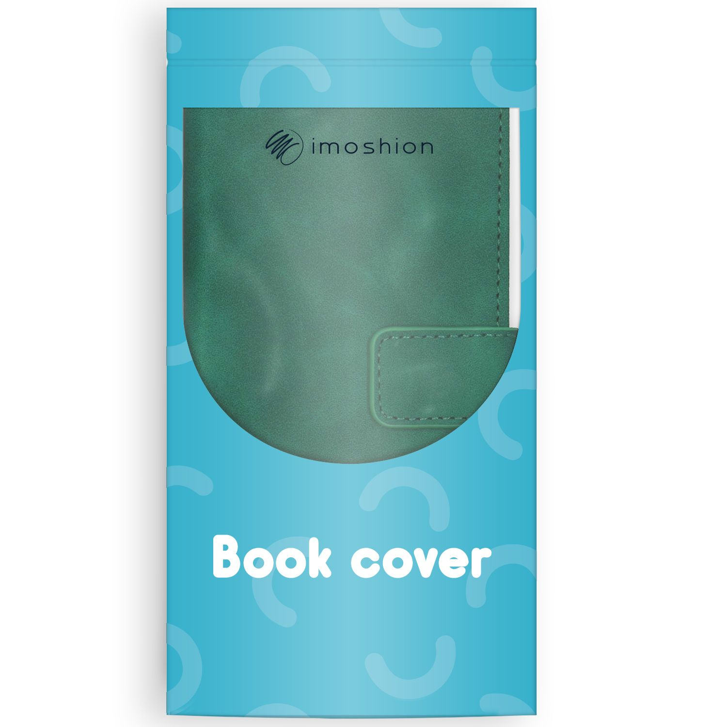 Groene boekomslag in een blauwe verpakking. De verpakking heeft de merknaam imoshion en de woorden "Book cover".