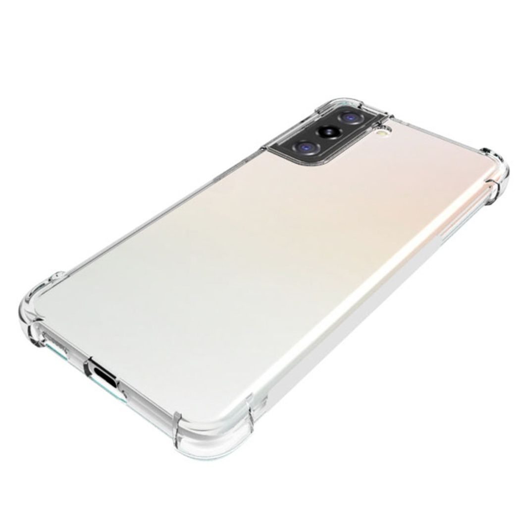 Una custodia trasparente protegge uno smartphone. La custodia è trasparente, mostrando la parte posteriore del telefono. Il telefono ha un modulo fotocamera.