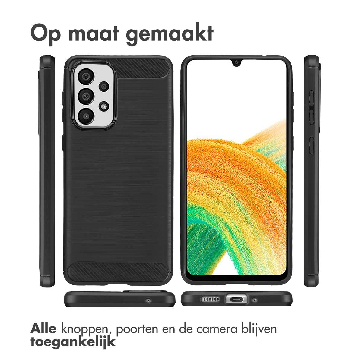 Un téléphone et un étui sont affichés. L'étui est noir, avec un dos texturé. L'écran affiche une image abstraite colorée.