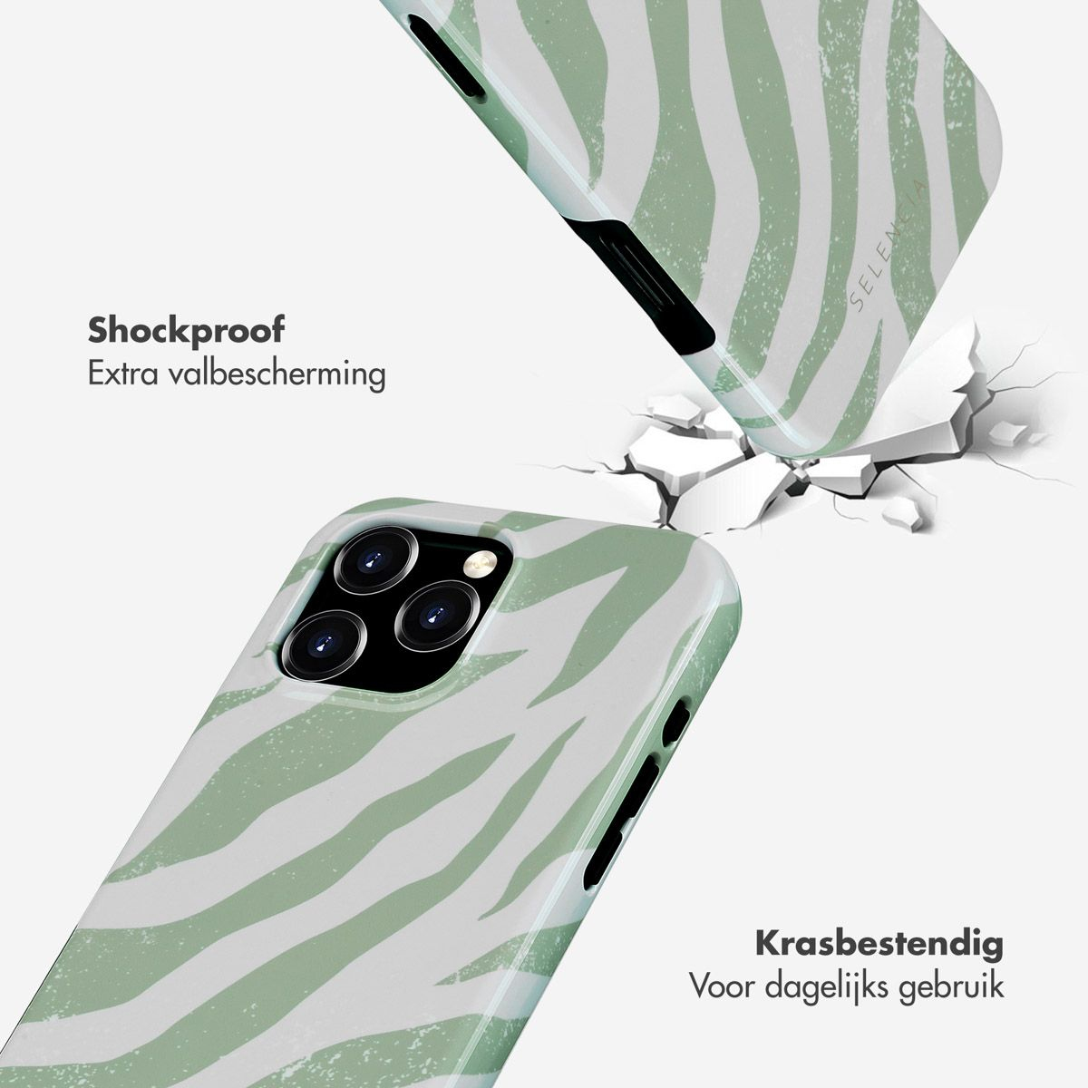 Une coque de téléphone à motif zébré brise une surface. Texte à gauche: 'Antichoc'. Texte à droite: 'Résistant aux rayures'.