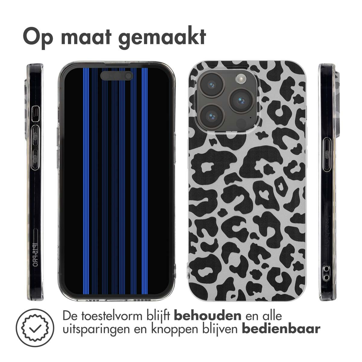 Drie telefoonhoesjes: één met blauwe strepen, één met luipaardprint en één effen zwart. Tekst: 'Op maat gemaakt'.