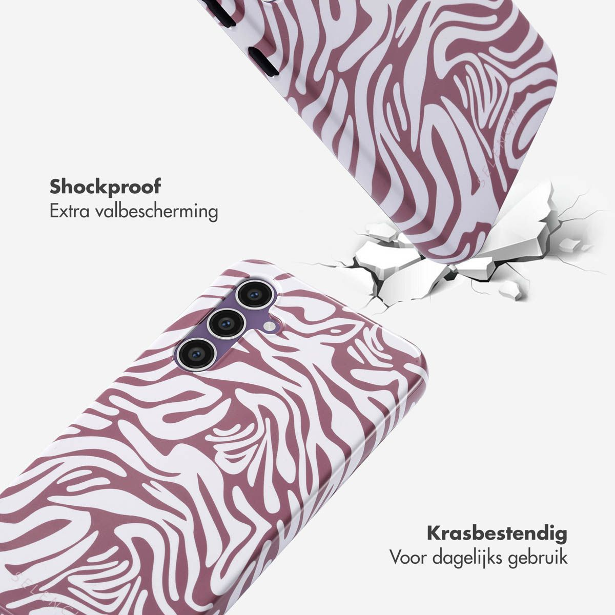 Coque de téléphone à motif zébré blanc et bordeaux. La coque est antichoc et résistante aux rayures.