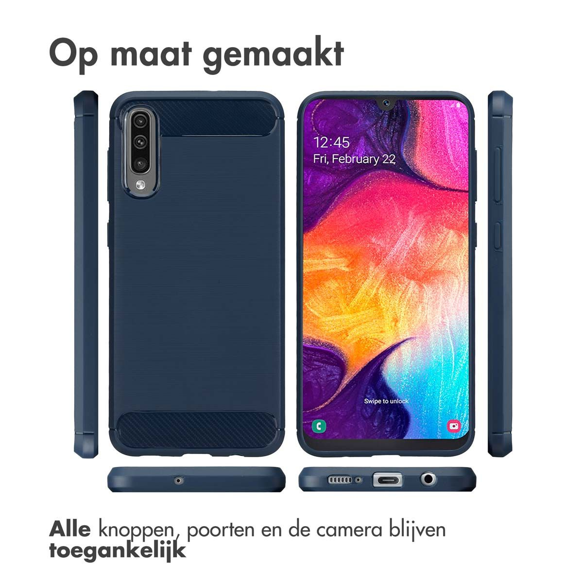 Een telefoon in een marineblauwe hoes, met de tijd en datum op het scherm.