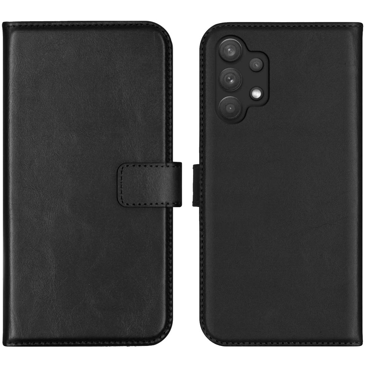Zwarte leren telefoonhoes, open. Linkerkant heeft een flap, rechterkant heeft camera's. Beide kanten hebben stiksels.