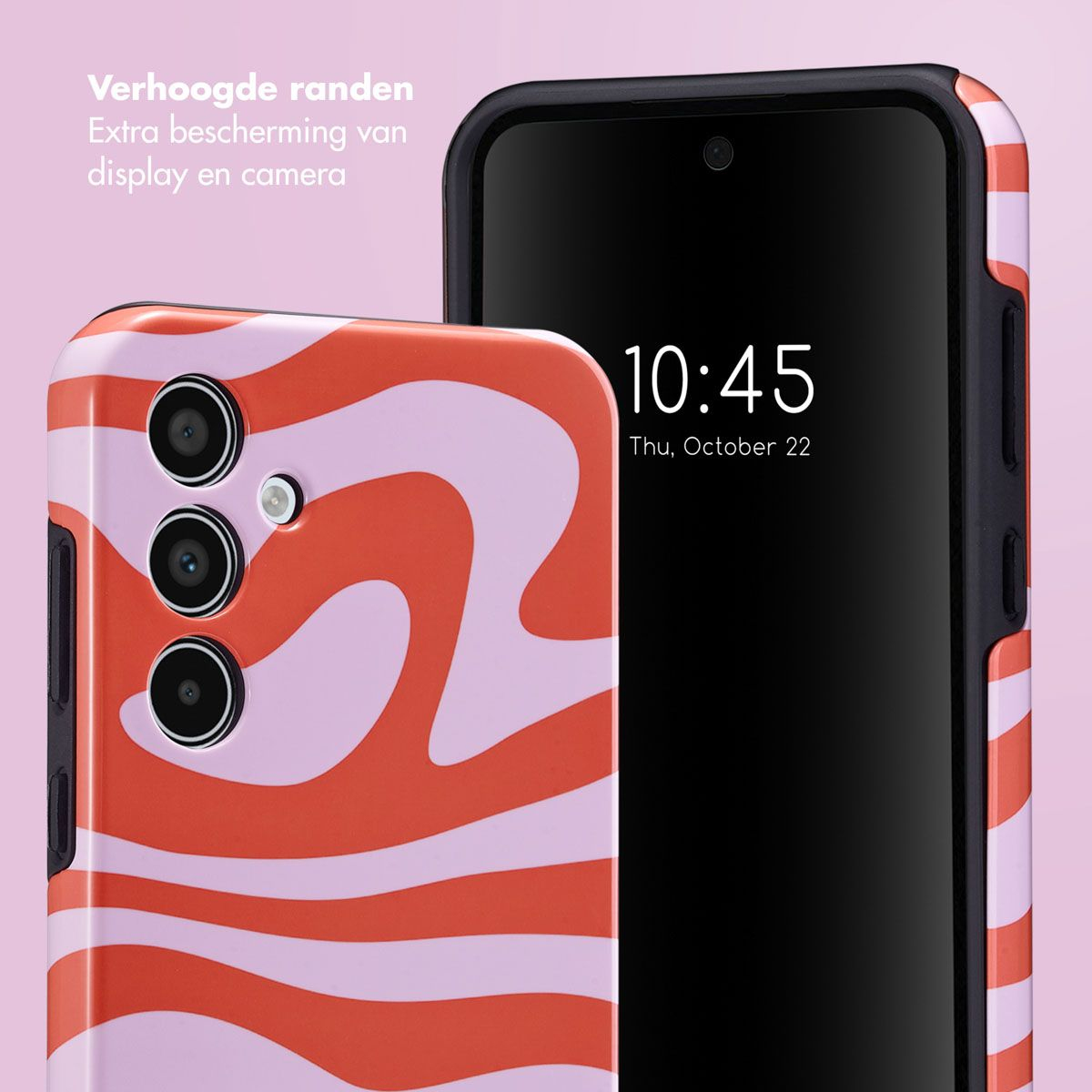 Deux smartphones avec étuis. L'un a un motif tourbillon orange et blanc, l'autre noir. Heure sur l'écran 10h45, jeudi 22 octobre.