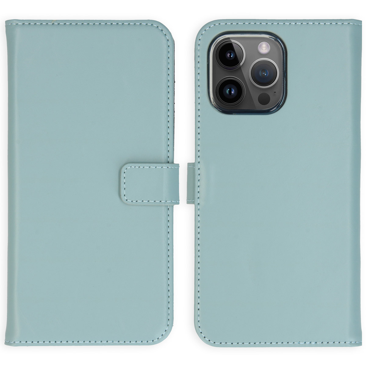 Un étui de téléphone bleu clair, ouvert. L'étui a une fermeture magnétique. La caméra du téléphone est visible.