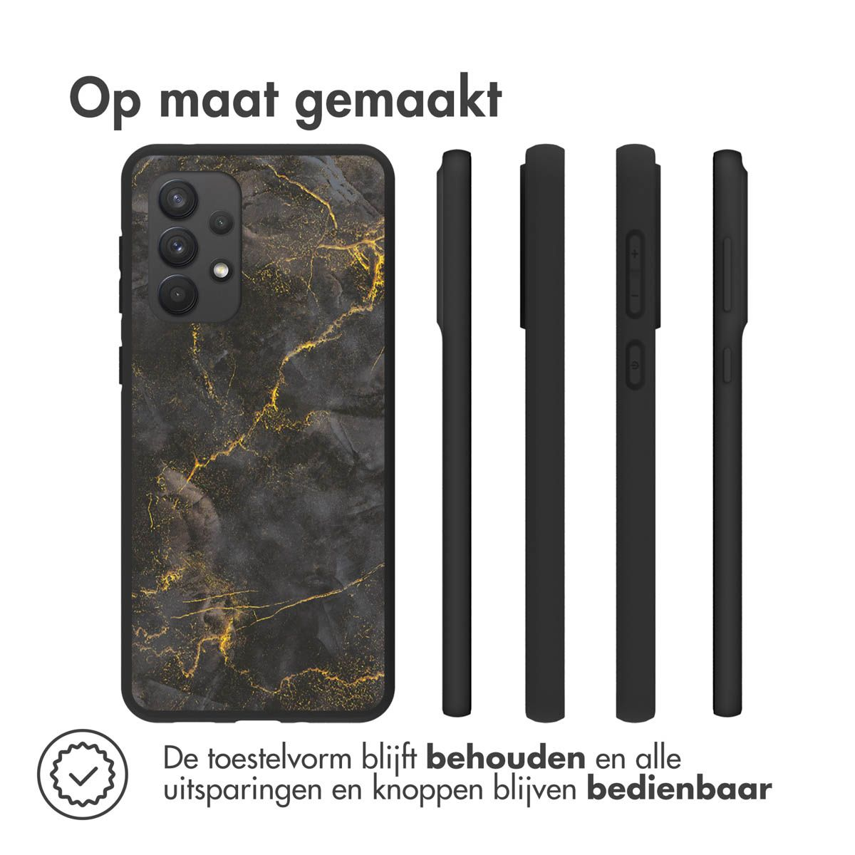 Coque de téléphone avec motif marbre noir. Texte: 'Op maat gemaakt'. Plusieurs vues de la coque. Texte: 'De toestel... bedienbaar'.