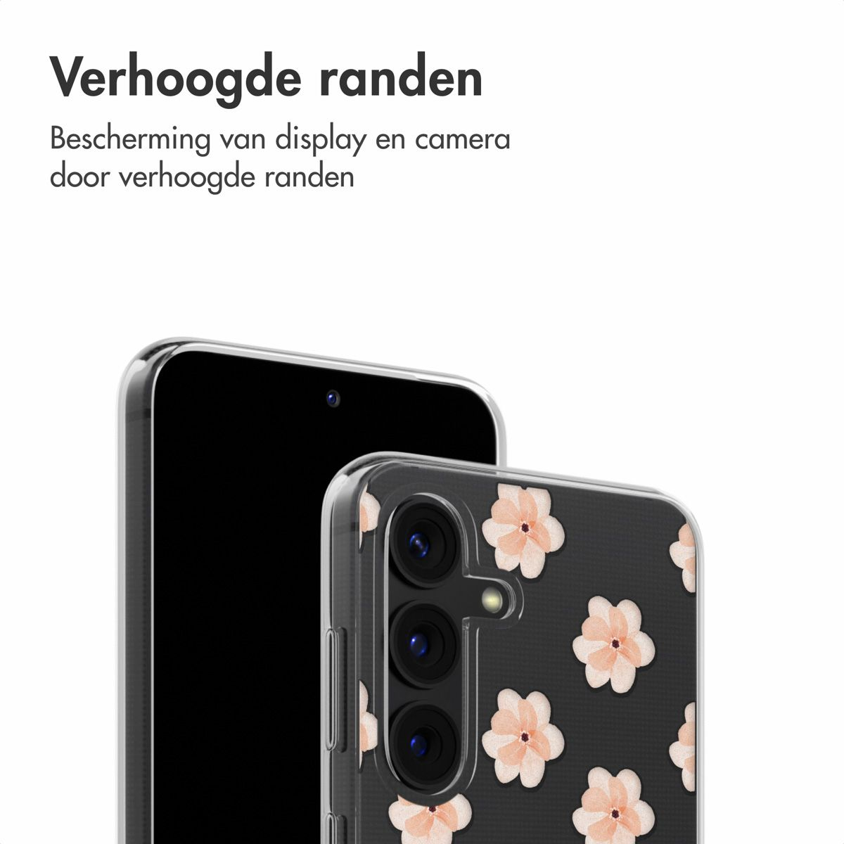 Deux téléphones, un noir, un avec une coque florale. La coque florale a des fleurs pêche. Coques de protection.
