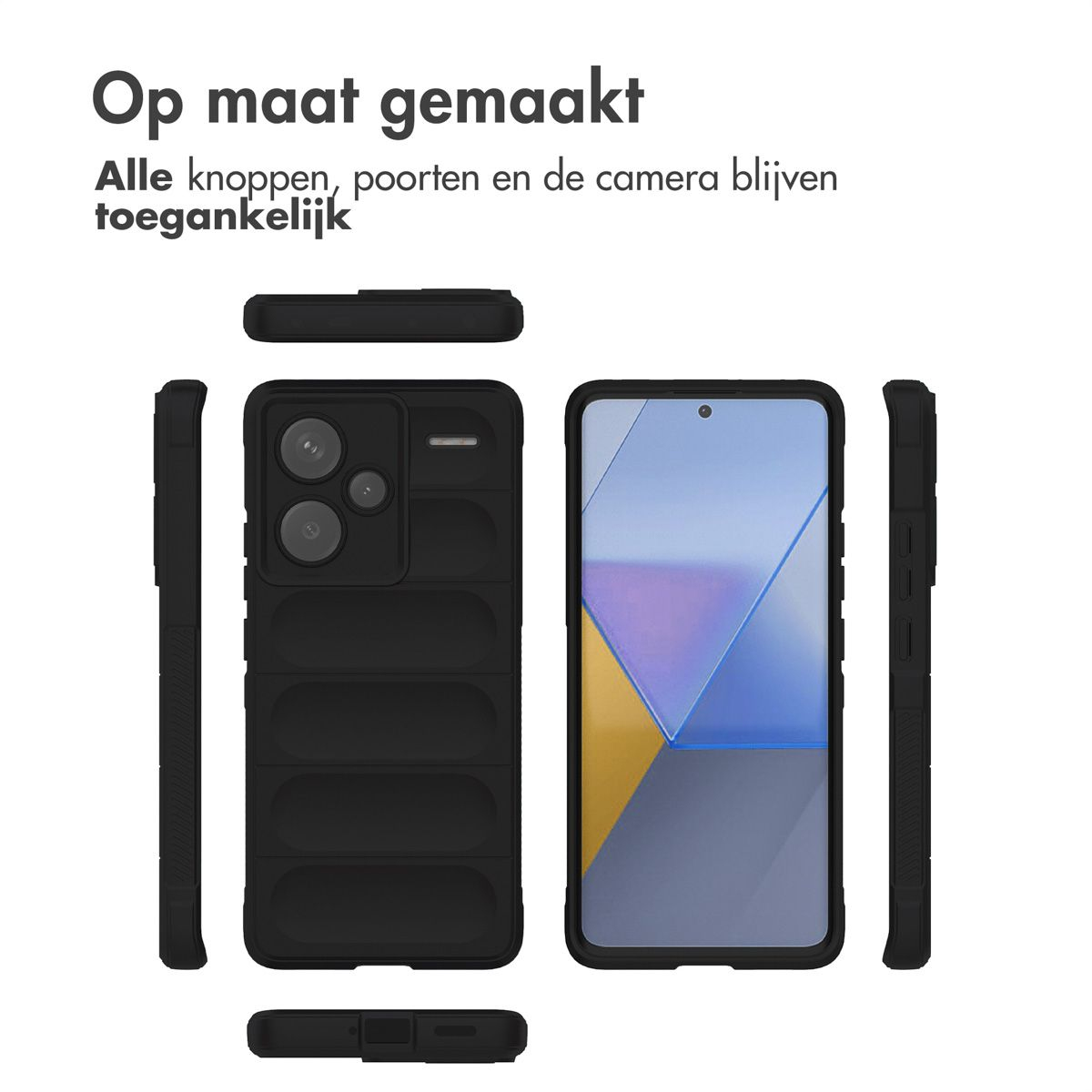 Zwarte telefoonhoes met telefoon en onderdelen op witte achtergrond. Bovenstaande tekst luidt: 'Op maat gemaakt'.