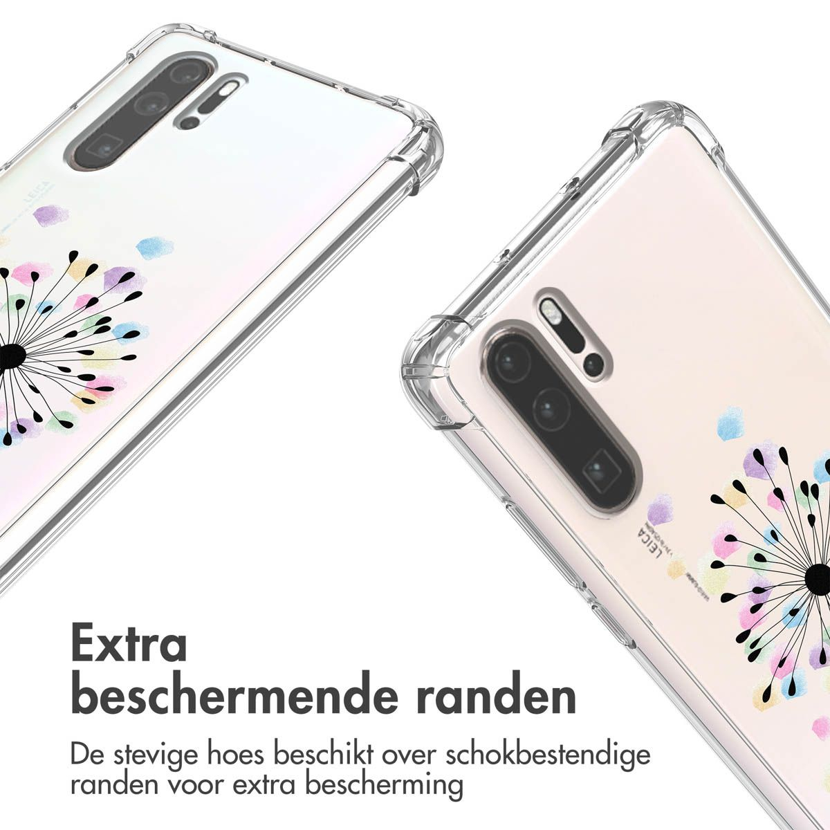 Twee telefoonhoesjes met bloemendesigns. De hoesjes zijn transparant met kleurrijke, paardenbloemachtige illustraties. Nederlandse tekst.