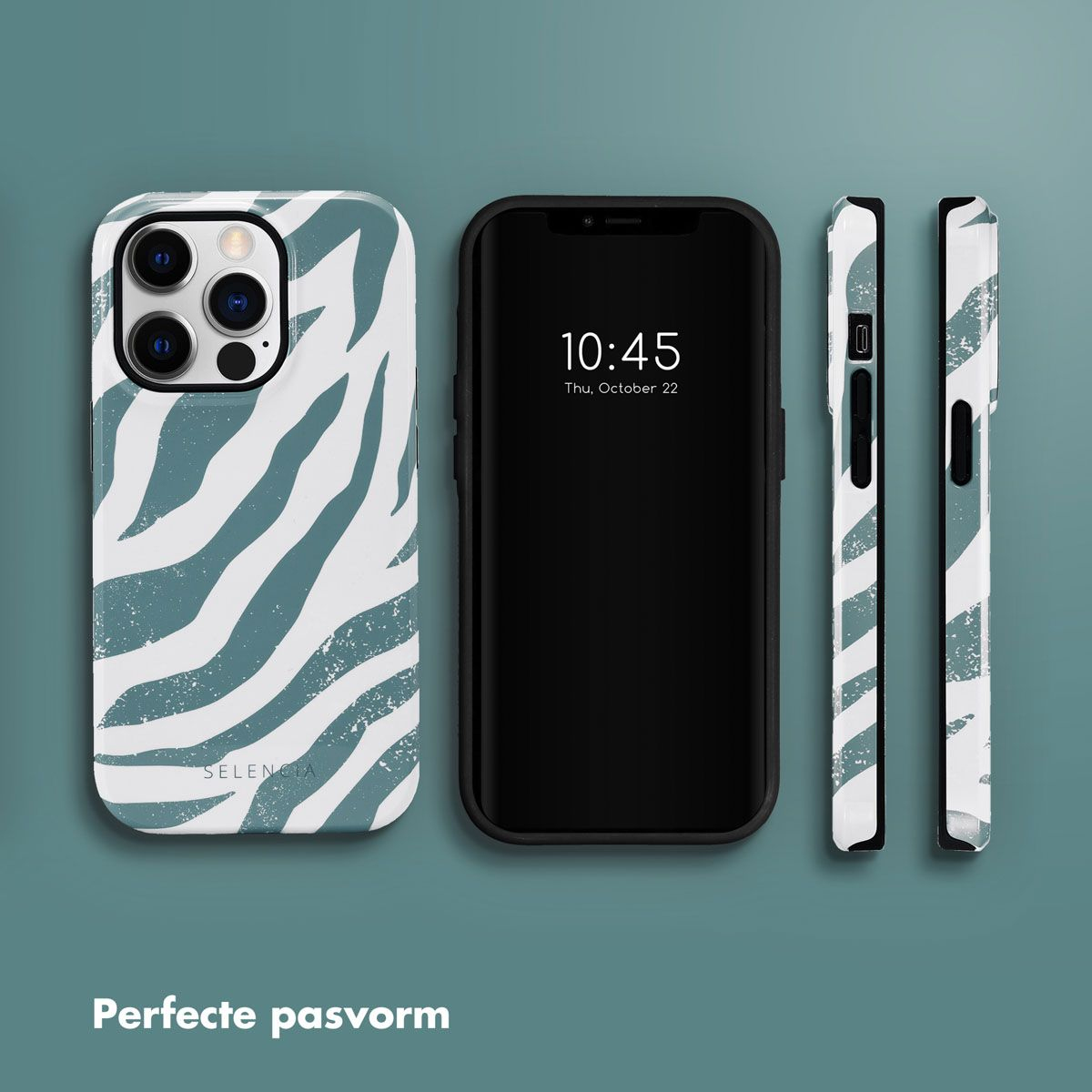 Un téléphone et des étuis avec un motif zébré. Le téléphone affiche l'heure 10h45 le 22 octobre. Le fond est bleu-vert.