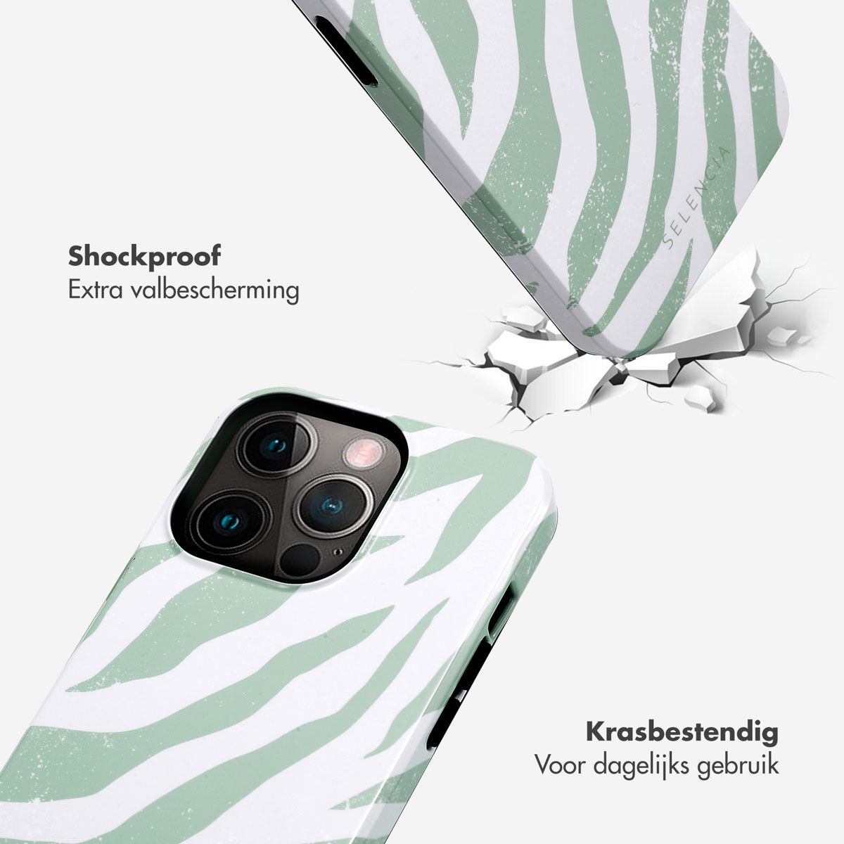 Twee telefoonhoesjes met een zebra streep design. Eén hoesje breekt een oppervlak. Tekst: Schokbestendig. Krasbestendig.