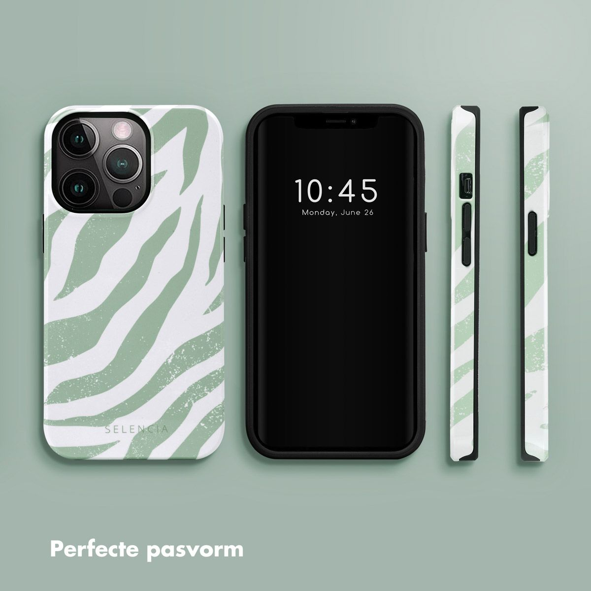 Een telefoon en drie hoesjes. De telefoon toont 10:45. Hoesjes hebben witte achtergrond en groene zebra strepen.