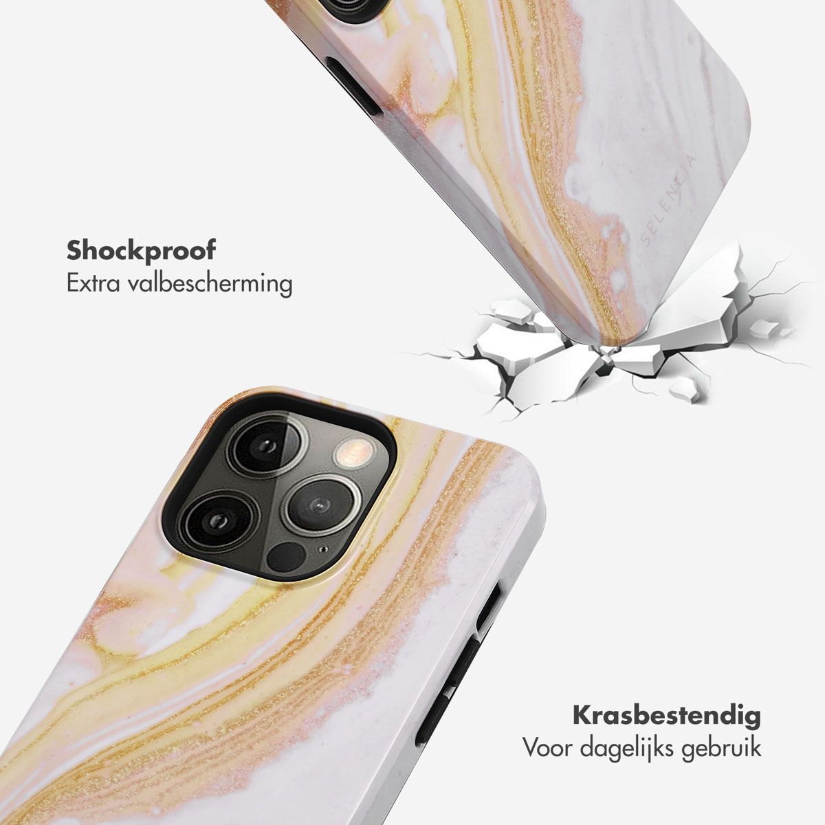 Twee telefoonhoesjes met marmerdesign. Eén slaat op een oppervlak, waardoor het barst. Tekst zegt 'Schokbestendig' en 'Krasbestendig'.
