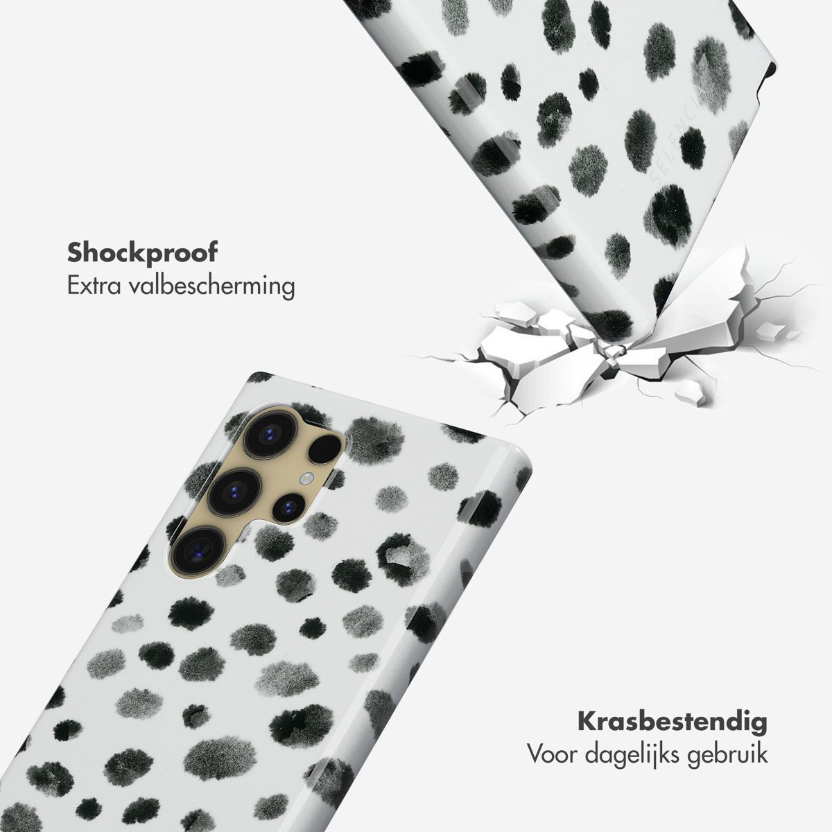 Telefoonhoesjes in Dalmatische print, witte achtergrond, gebarsten oppervlak, schokbestendige en krasbestendige tekst.
