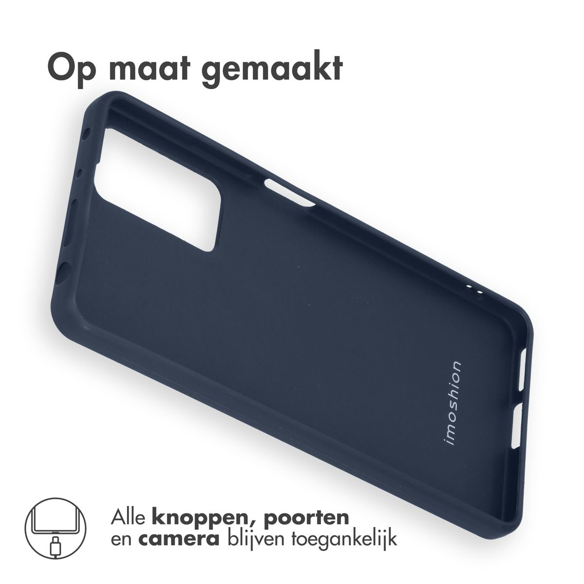 Een donkerblauwe telefoonhoes op een witte achtergrond. Nederlandse tekst: 'Op maat gemaakt' en 'Alle knoppen, poorten en camera blijven toegankelijk'.