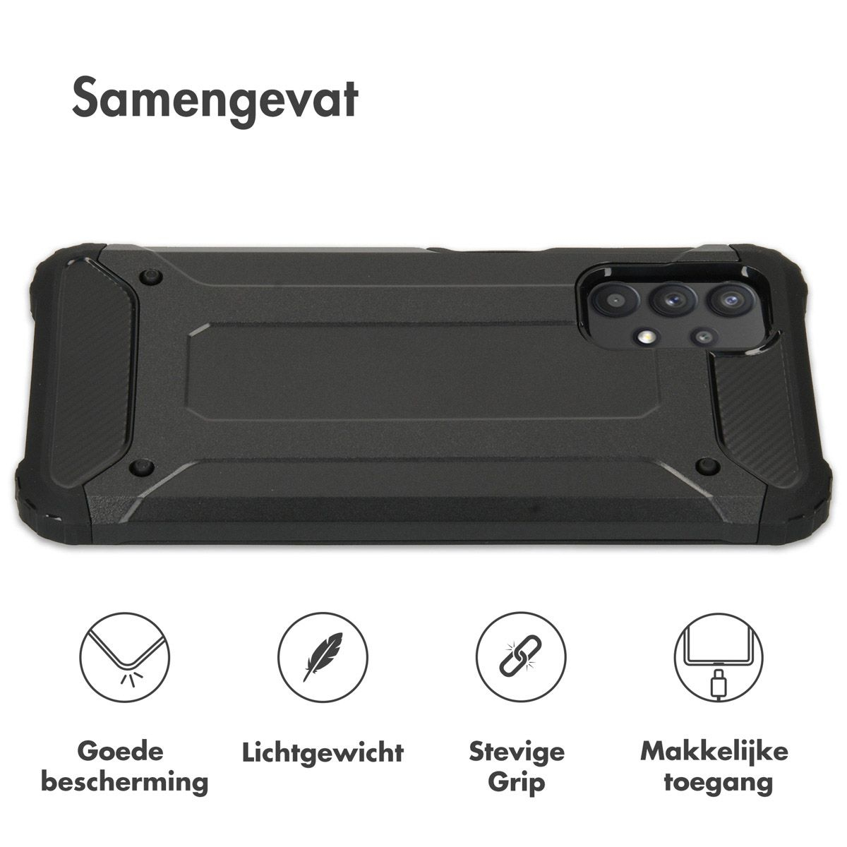 Een zwarte telefoonhoes met een telefoon erin. De hoes heeft tekst: Goede bescherming, Lichtgewicht, Stevige grip, Gemakkelijke toegang.