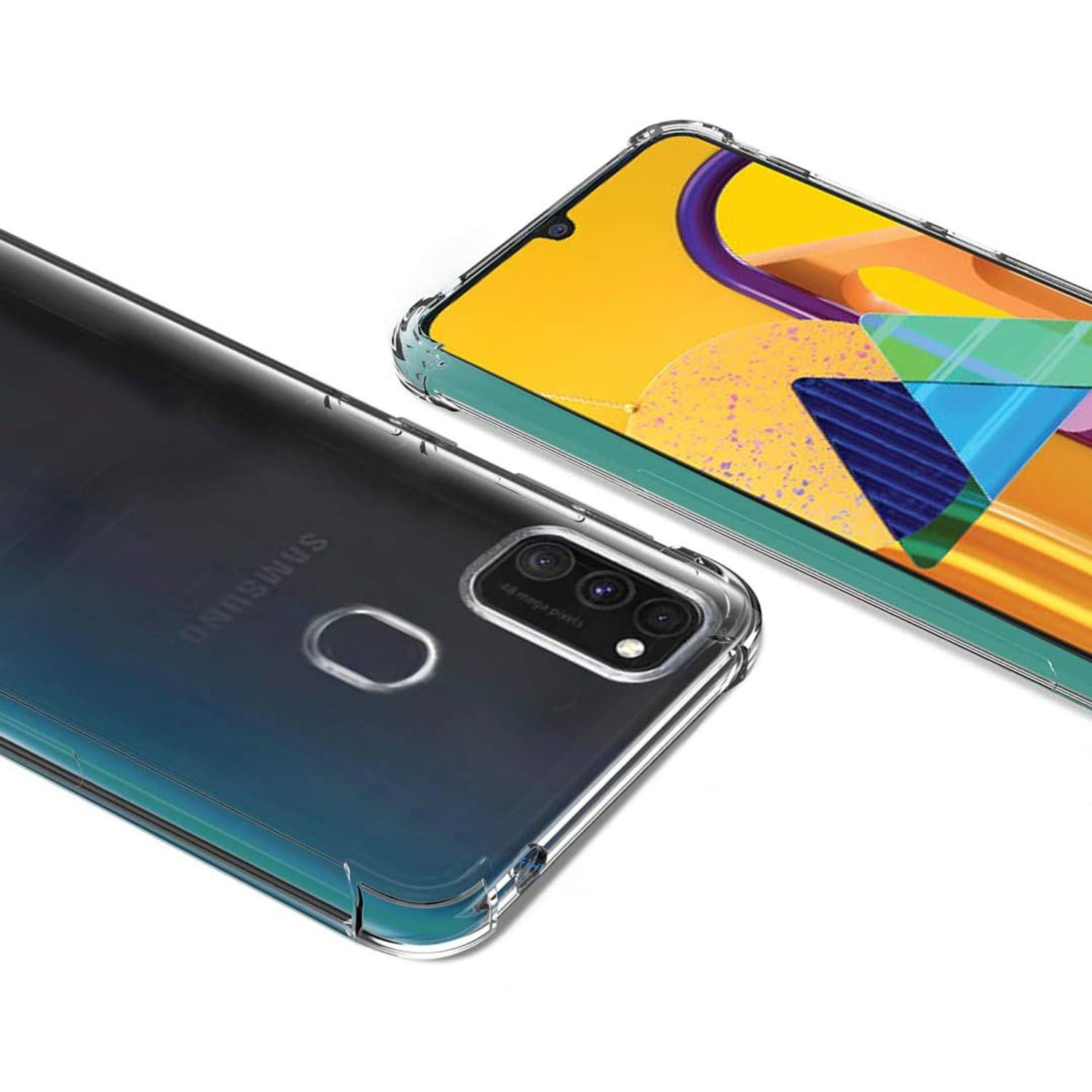 Due telefoni Samsung in custodie trasparenti. Uno mostra un motivo colorato, l'altro un modulo fotocamera e un logo.