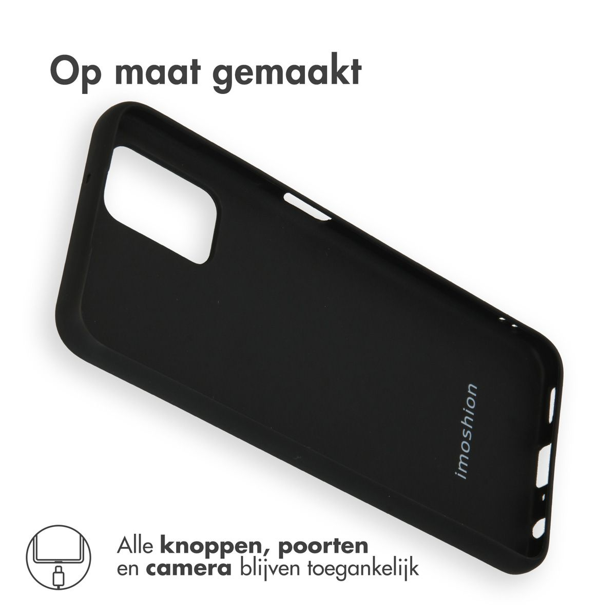 Een zwarte telefoonhoes met de tekst 'Op maat gemaakt'. Onderaan tekst over knoppen en camera toegang. Het merk is imoshion.
