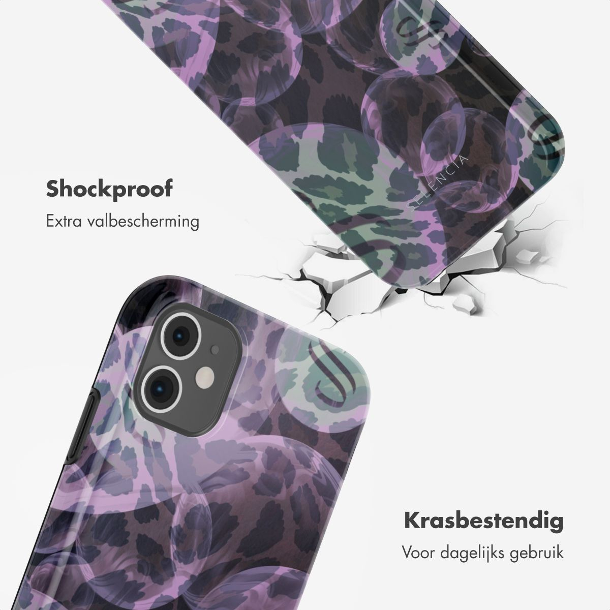 Twee telefoonhoesjes met een paarse luipaardprint. Eén is gebarsten. Tekst: Schokbestendig en krasbestendig, voor dagelijks gebruik.