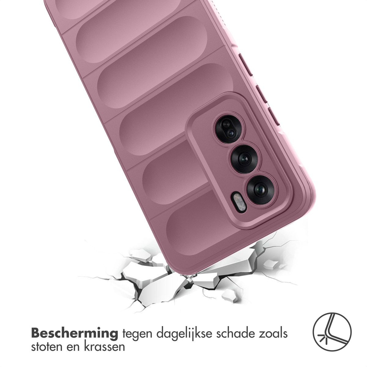 Primo piano di una custodia per telefono rosa con un design strutturato, leggermente angolata. Appoggia su una superficie incrinata.