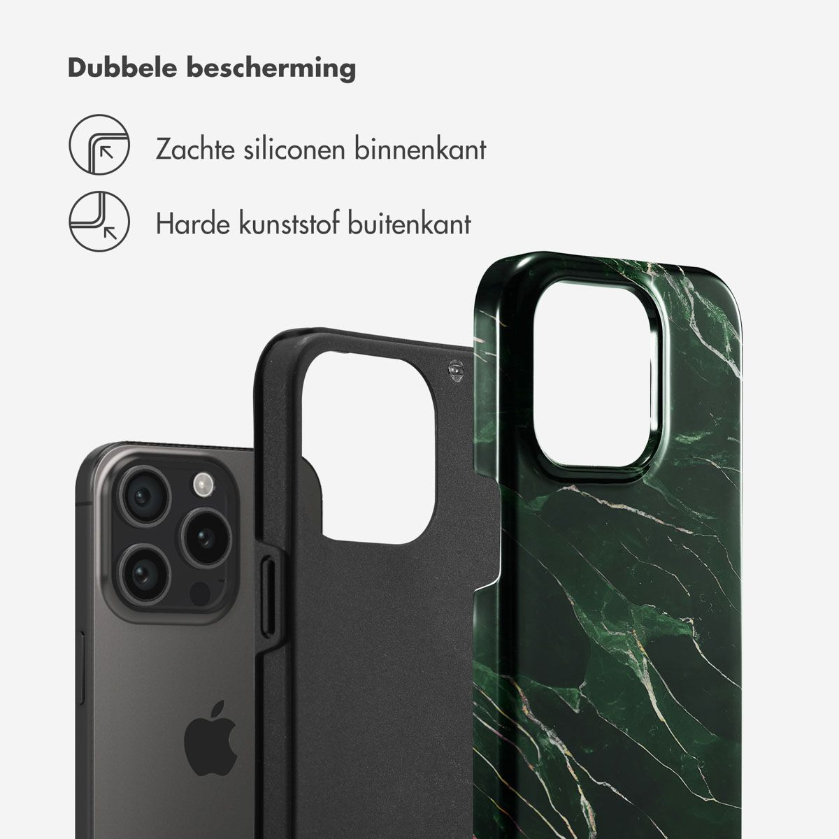 Afbeelding toont telefoonhoesjes: zwart, groen marmer. Tekst: Dubbele bescherming, zachte siliconen binnenkant, hard plastic buitenkant. Een iPhone zit in de hoes.