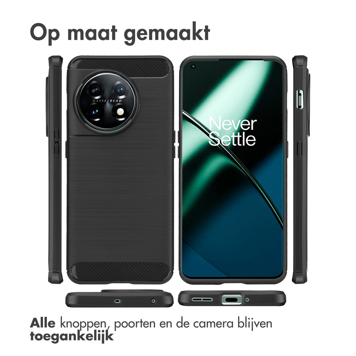 Coque de téléphone noire avec découpe caméra et écran de téléphone avec 'Never Settle'. Texte : 'Op maat gemaakt', 'Alle knoppen toegankelijk'.
