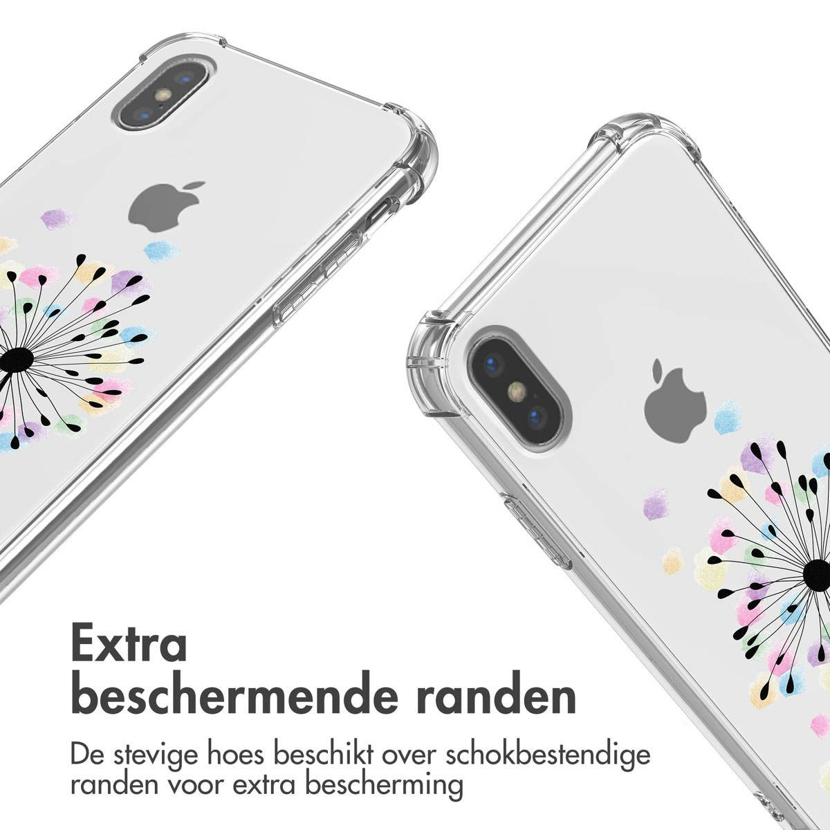 Twee transparante telefoonhoesjes met een paardebloemdesign. Tekst: 'Extra beschermende randen'.