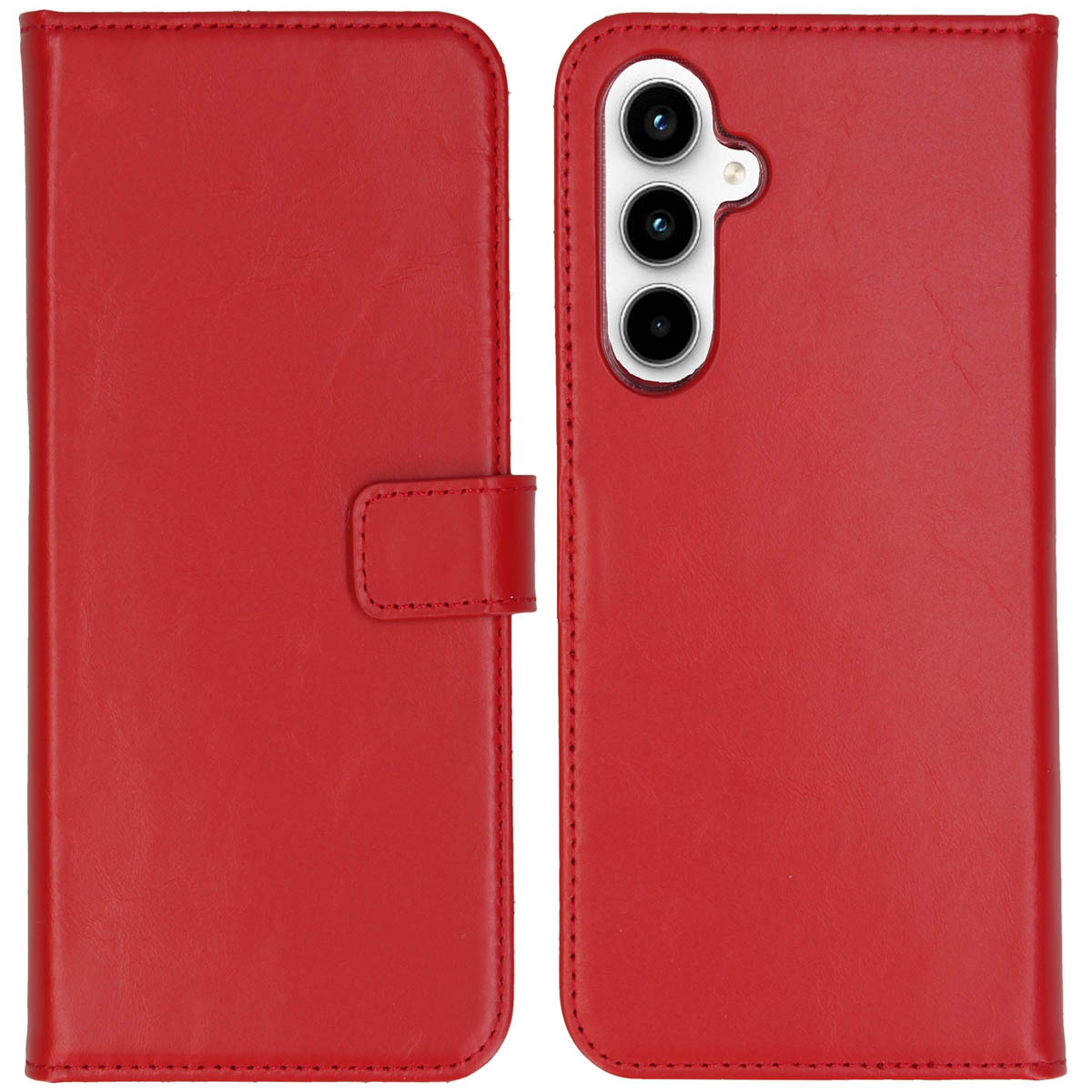 Étui de téléphone en cuir rouge ouvert. Il a un rabat et une fermeture magnétique. L'étui est cousu et possède des trous pour l'appareil photo.