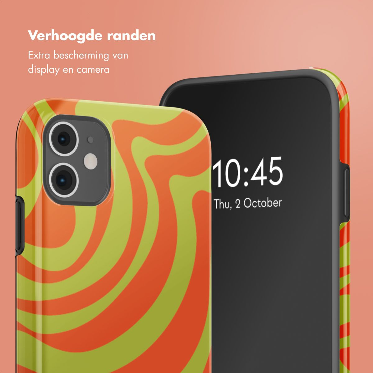 Due telefoni. Uno con una custodia a turbinio arancione e verde, l'altro con l'ora 10:45 visualizzata sullo schermo.