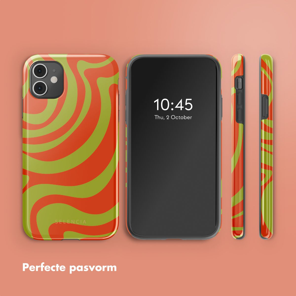 Un telefono e due custodie con un motivo a spirale verde e arancione e l'ora 10:45 visualizzata sullo schermo.