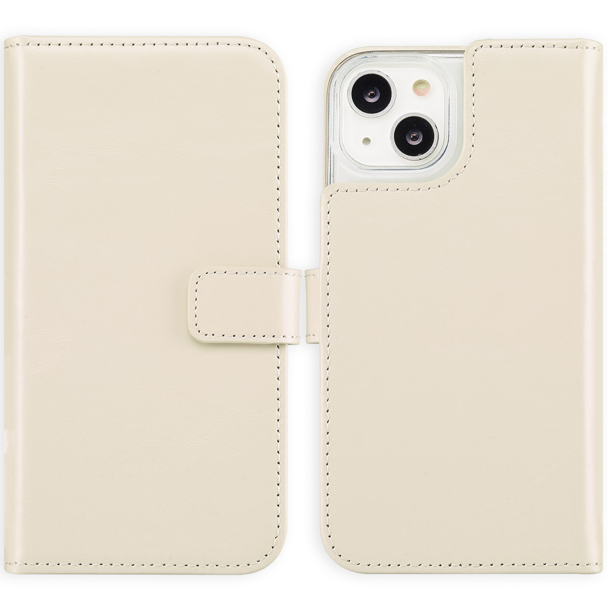 Open beige leren telefoonhoesje met telefoon erin. De hoes heeft een magnetische band en gestikte randen.